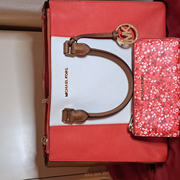 Michael Kors Collection Handbags - SALE Michael Kors Orange Red Brown & White Satchel or Crossbody Excellent Cond.